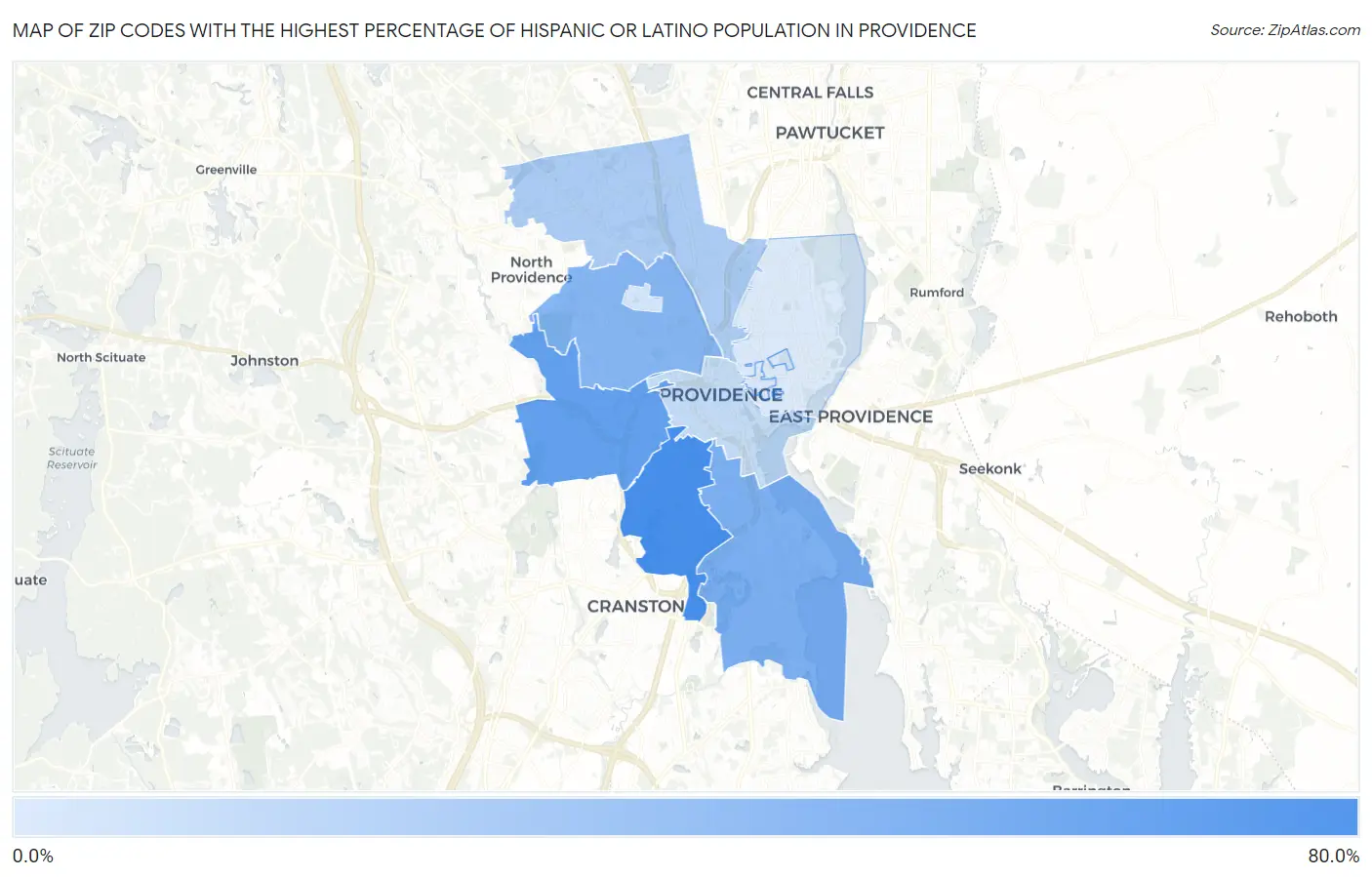 Zip Codes with the Highest Percentage of Hispanic or Latino Population in Providence Map