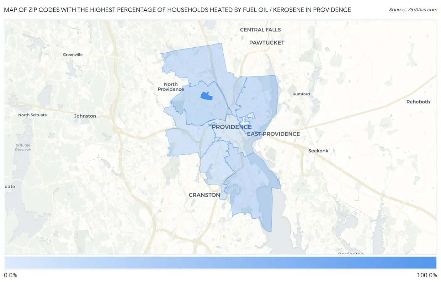 Zip Codes with the Highest Percentage of Households Heated by Fuel Oil / Kerosene in Providence Map