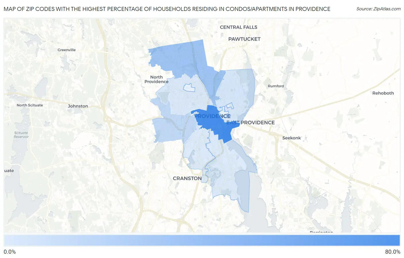 Zip Codes with the Highest Percentage of Households Residing in Condos/Apartments in Providence Map
