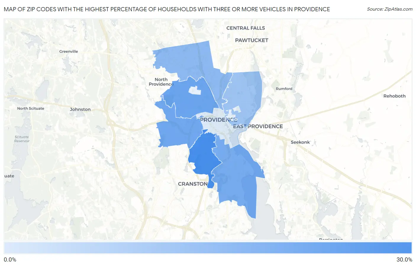 Zip Codes with the Highest Percentage of Households With Three or more Vehicles in Providence Map