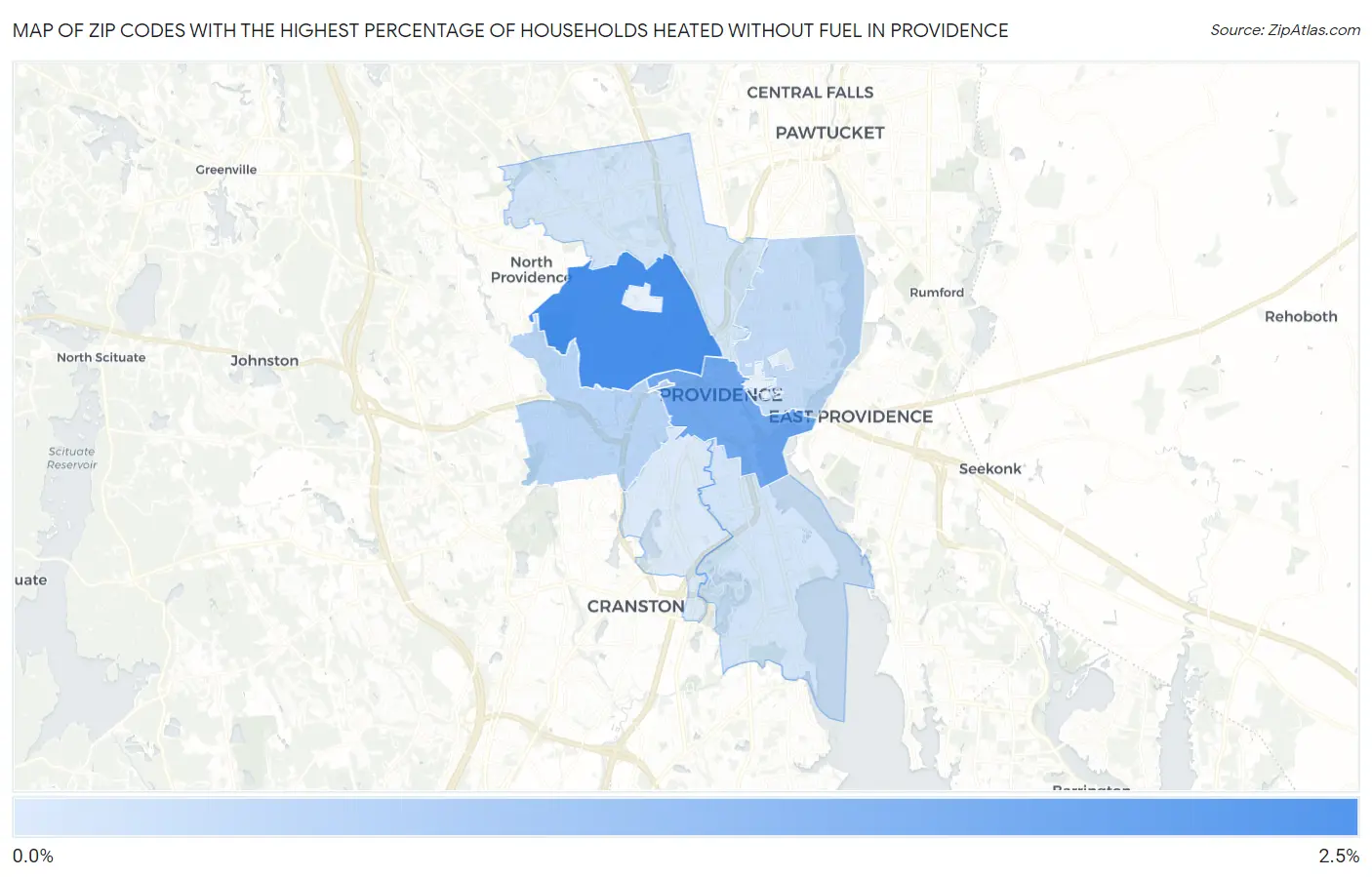Zip Codes with the Highest Percentage of Households Heated without Fuel in Providence Map