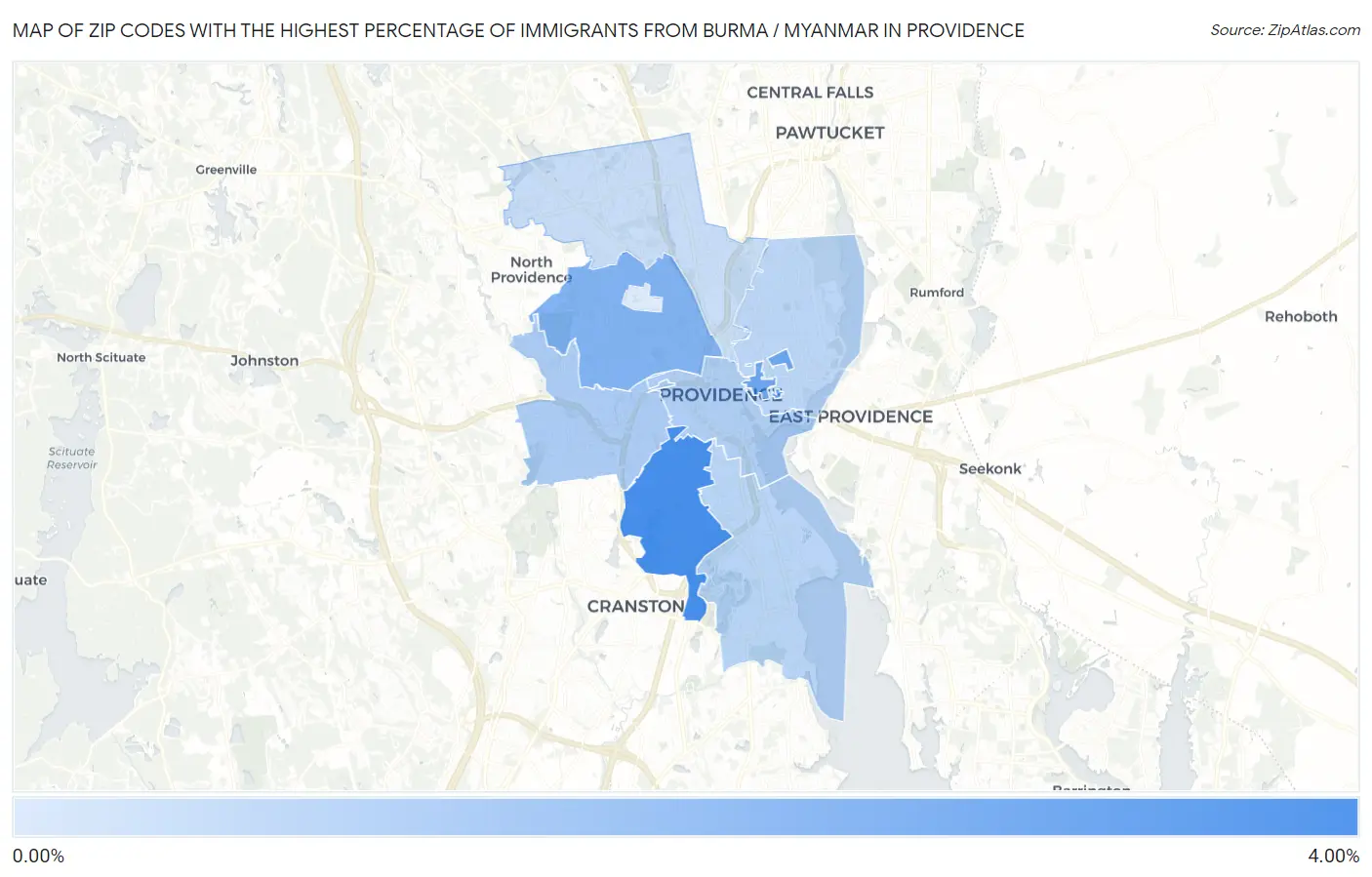 Zip Codes with the Highest Percentage of Immigrants from Burma / Myanmar in Providence Map