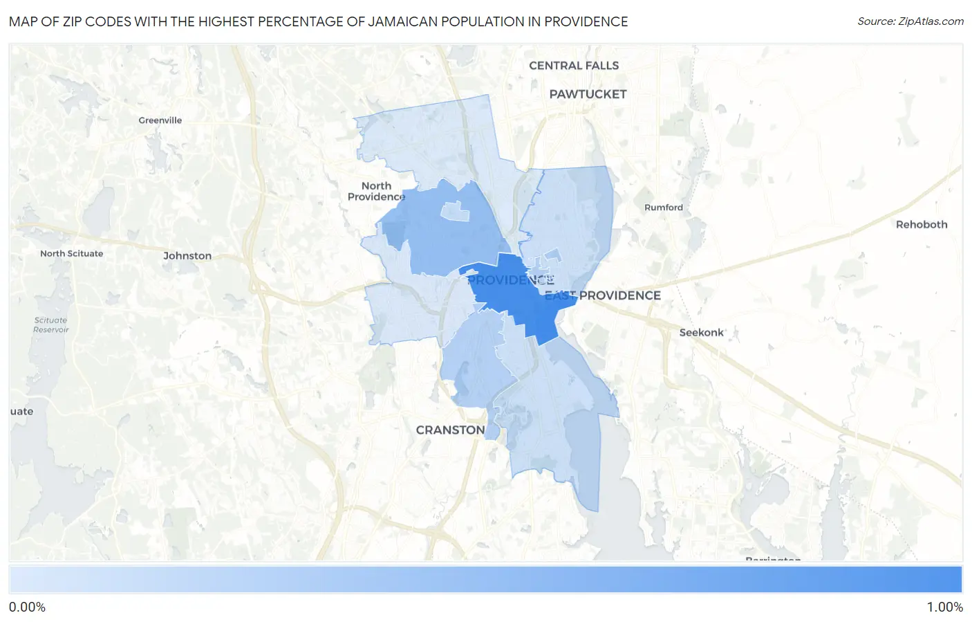 Zip Codes with the Highest Percentage of Jamaican Population in Providence Map