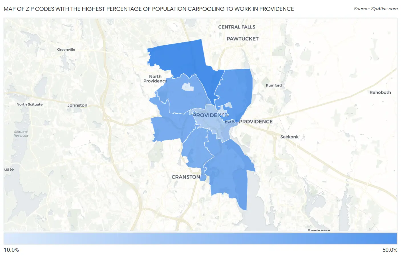 Zip Codes with the Highest Percentage of Population Carpooling to Work in Providence Map