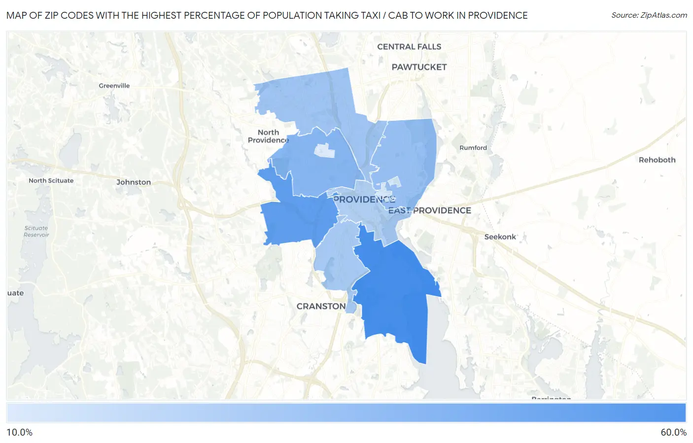 Zip Codes with the Highest Percentage of Population Taking Taxi / Cab to Work in Providence Map