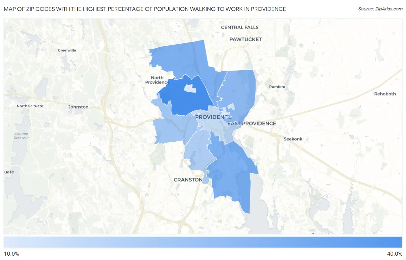 Zip Codes with the Highest Percentage of Population Walking to Work in Providence Map