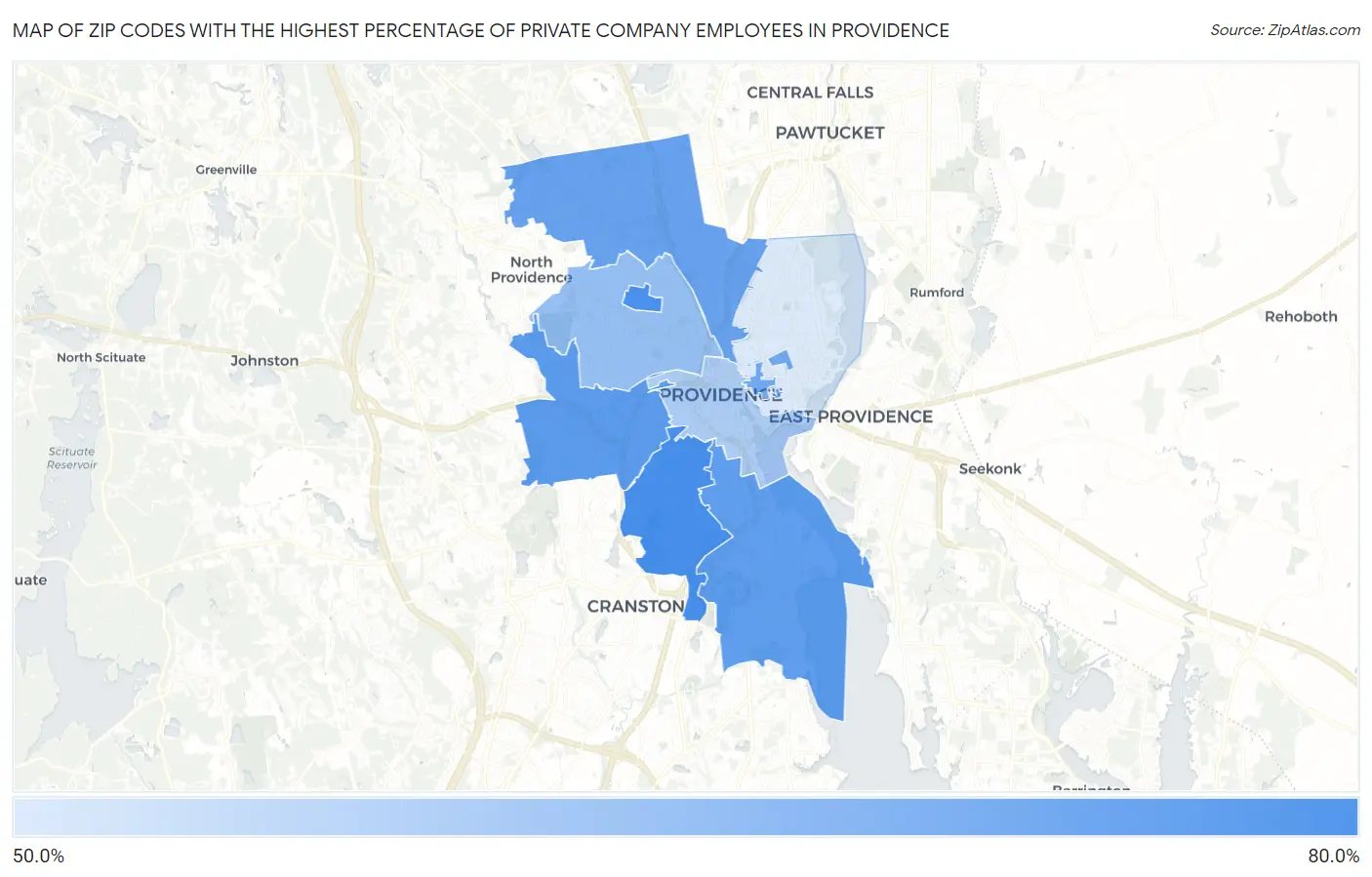 Zip Codes with the Highest Percentage of Private Company Employees in Providence Map