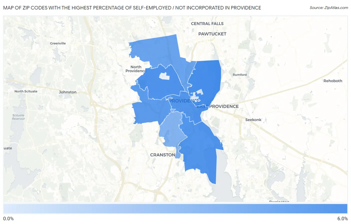 Zip Codes with the Highest Percentage of Self-Employed / Not Incorporated in Providence Map