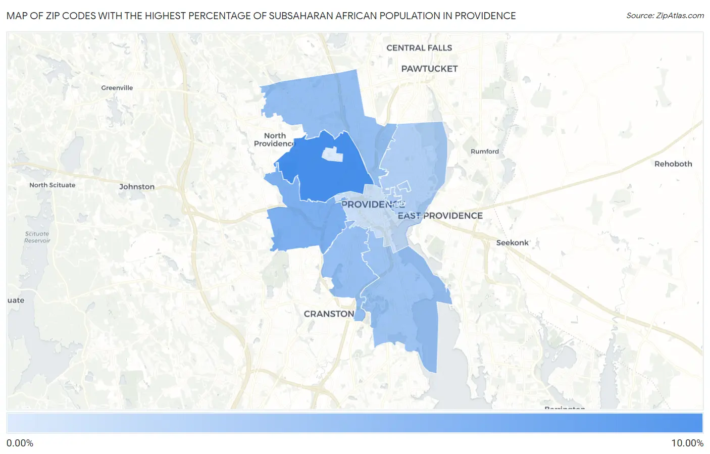 Zip Codes with the Highest Percentage of Subsaharan African Population in Providence Map