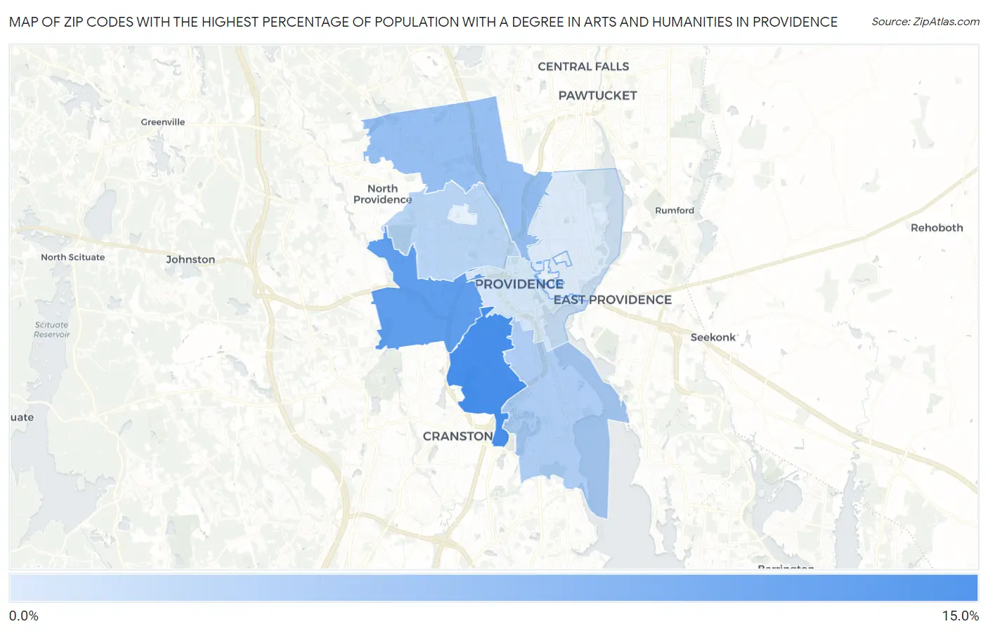 Zip Codes with the Highest Percentage of Population with a Degree in Arts and Humanities in Providence Map