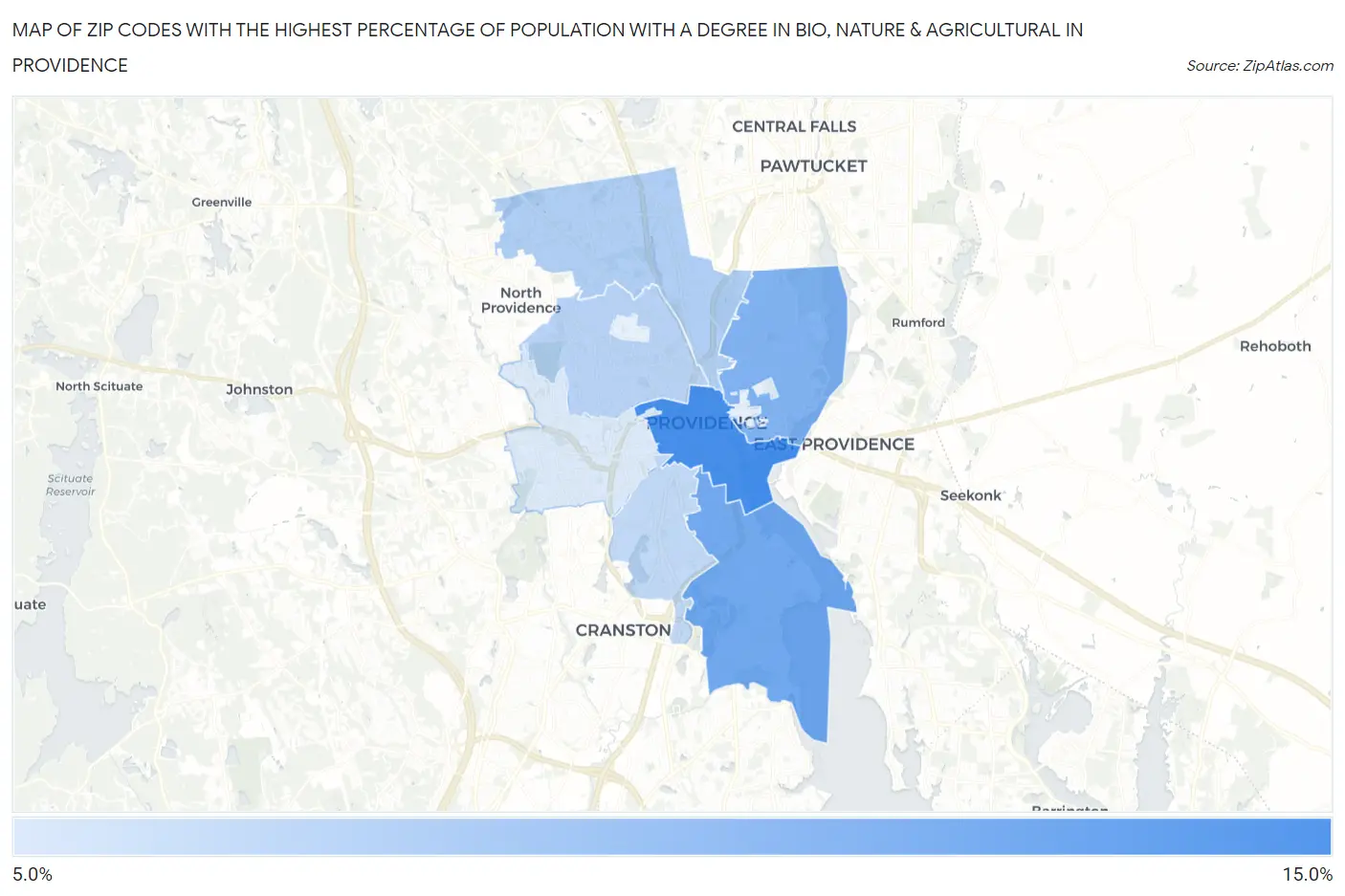 Zip Codes with the Highest Percentage of Population with a Degree in Bio, Nature & Agricultural in Providence Map