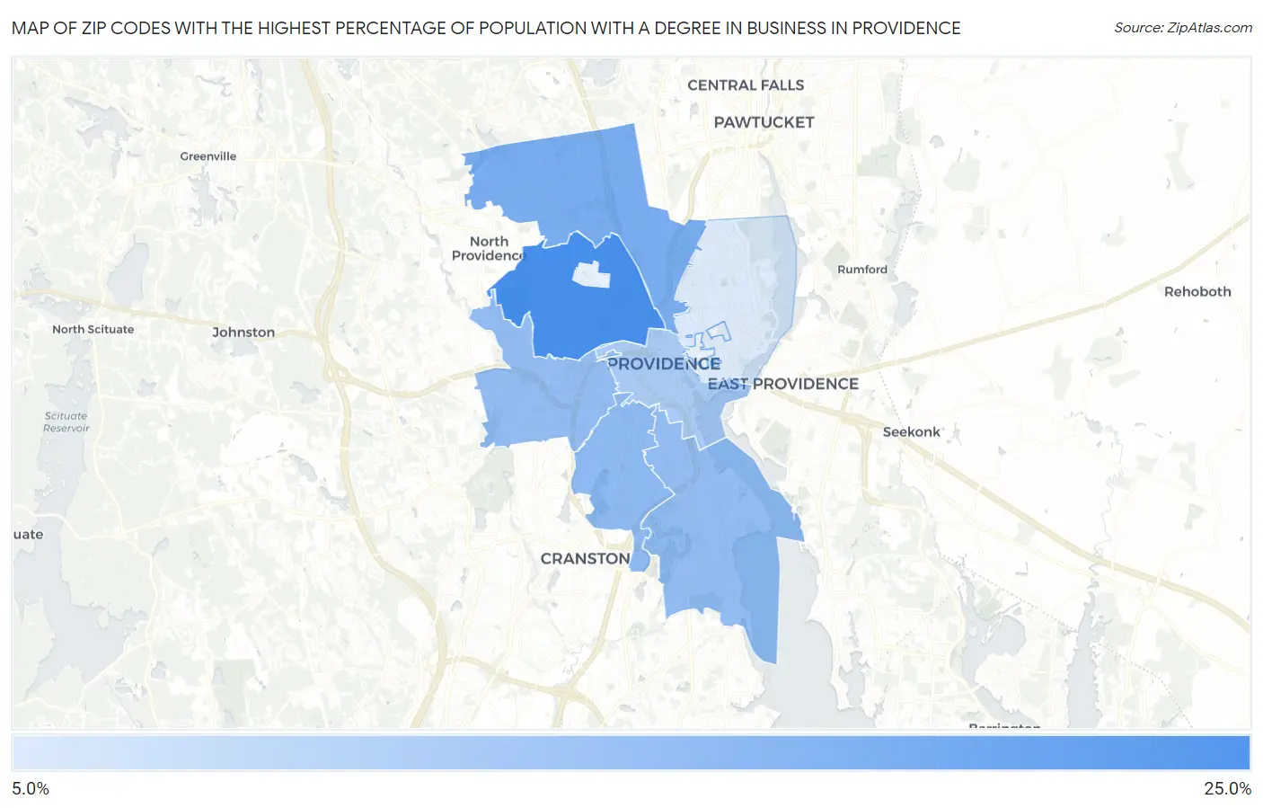 Zip Codes with the Highest Percentage of Population with a Degree in Business in Providence Map
