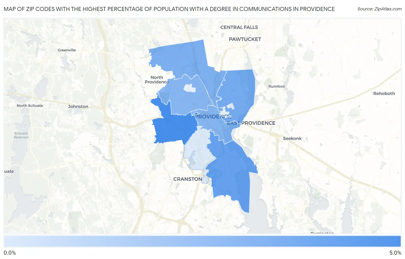 Zip Codes with the Highest Percentage of Population with a Degree in Communications in Providence Map