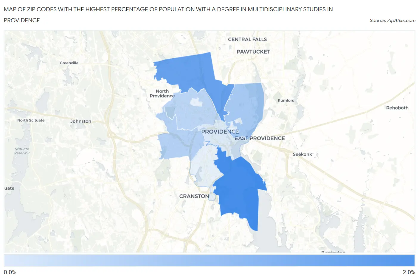 Zip Codes with the Highest Percentage of Population with a Degree in Multidisciplinary Studies in Providence Map