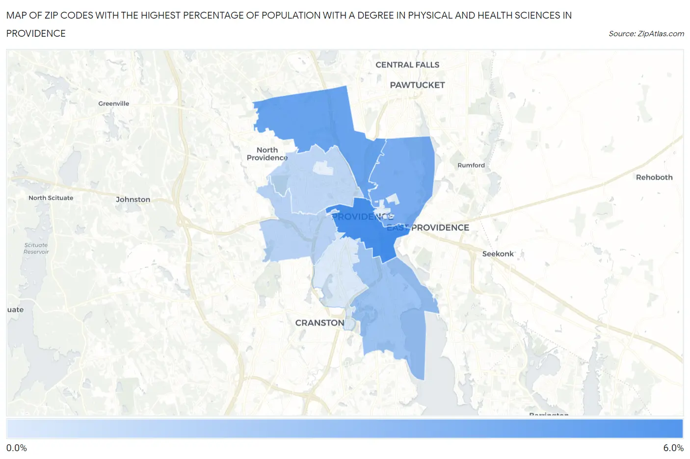 Zip Codes with the Highest Percentage of Population with a Degree in Physical and Health Sciences in Providence Map