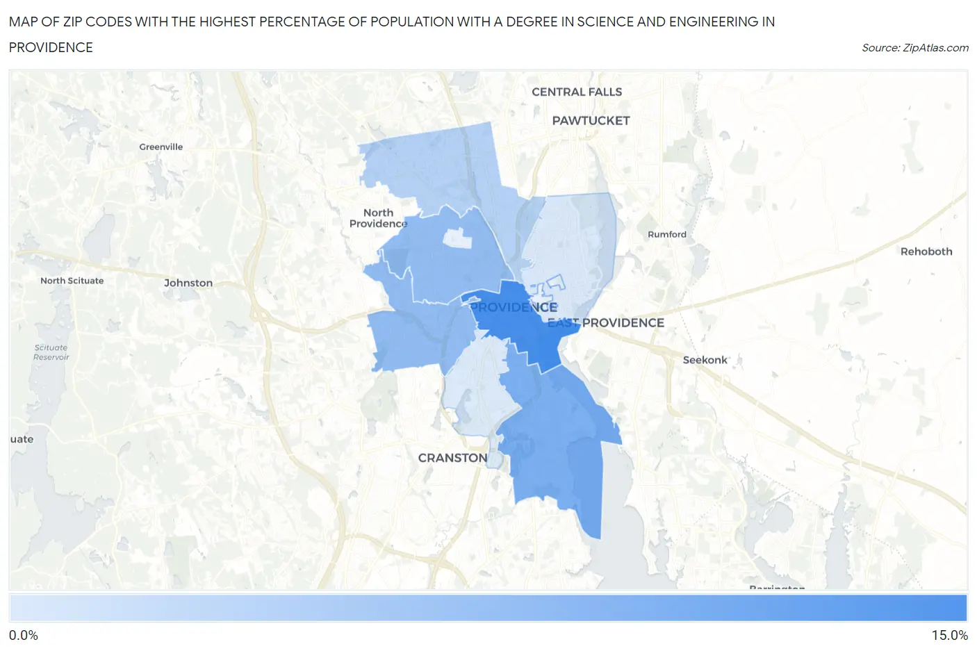 Zip Codes with the Highest Percentage of Population with a Degree in Science and Engineering in Providence Map