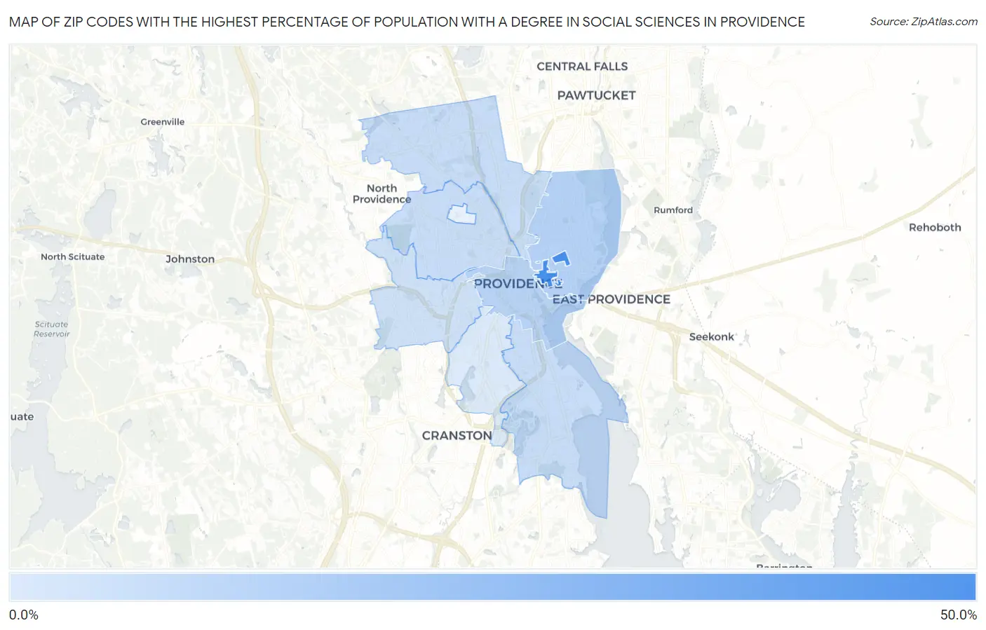 Zip Codes with the Highest Percentage of Population with a Degree in Social Sciences in Providence Map