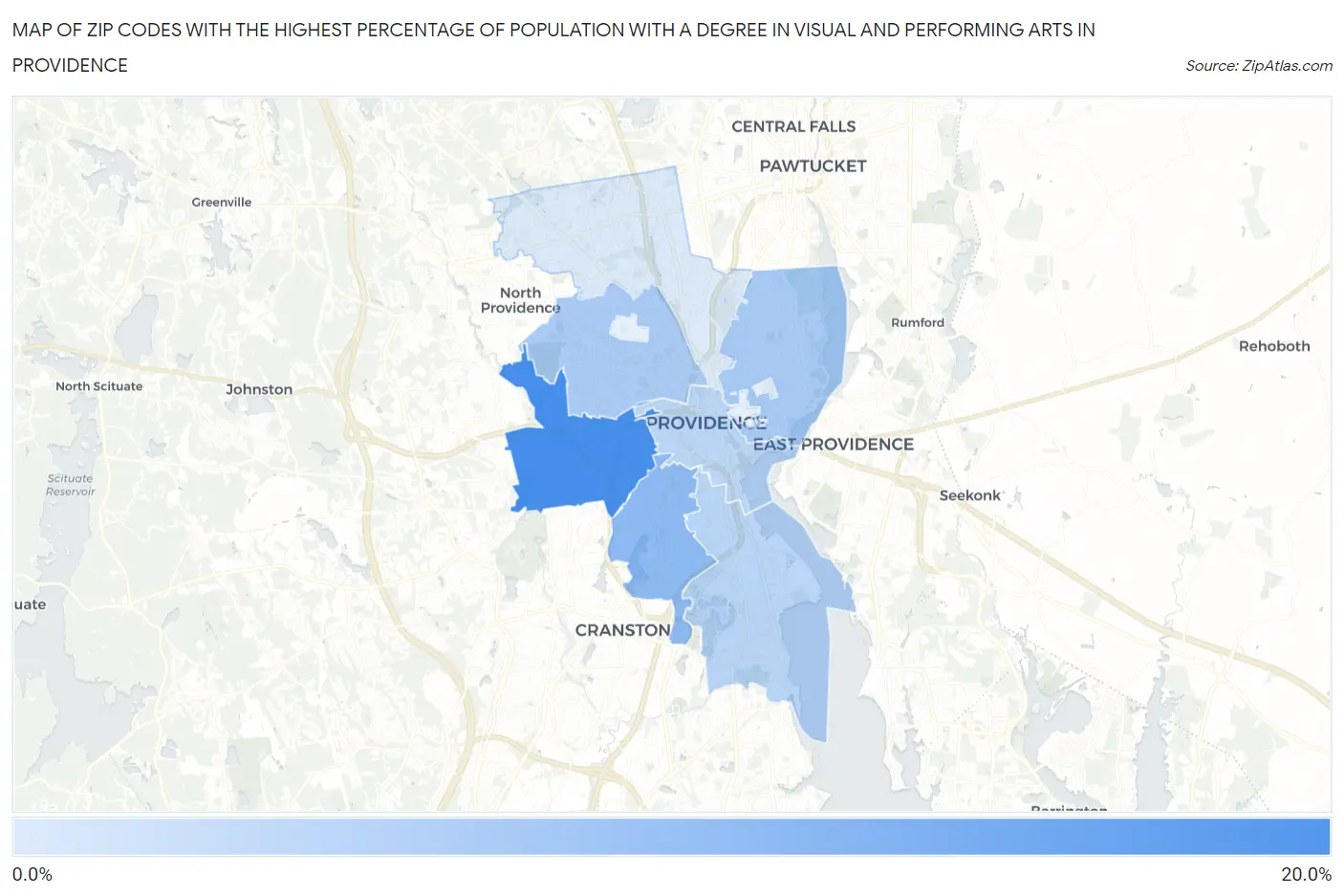 Zip Codes with the Highest Percentage of Population with a Degree in Visual and Performing Arts in Providence Map