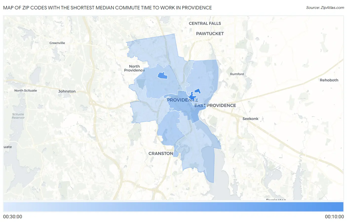 Zip Codes with the Shortest Median Commute Time to Work in Providence Map