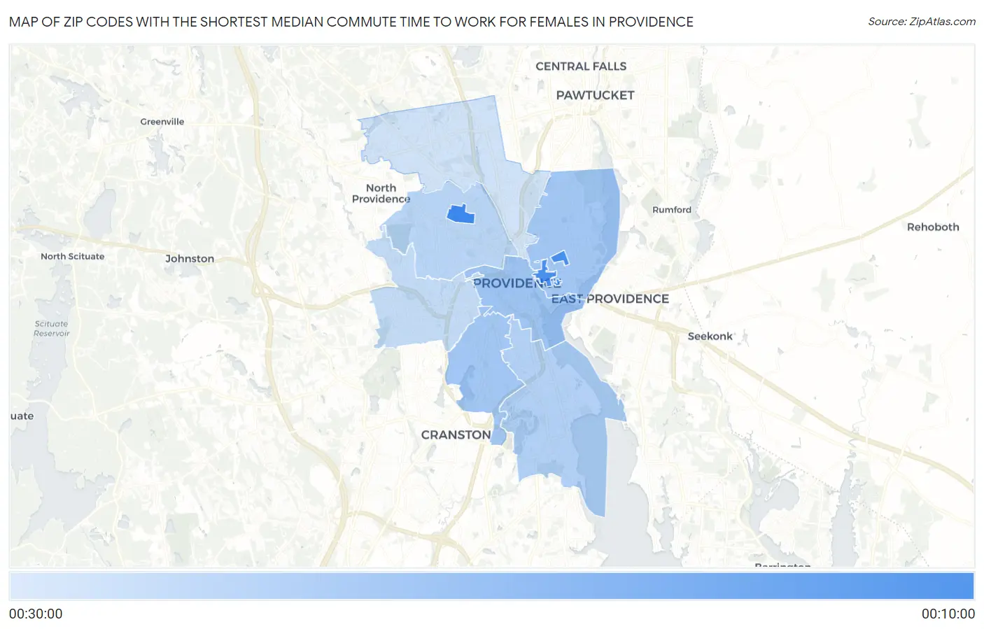 Zip Codes with the Shortest Median Commute Time to Work for Females in Providence Map