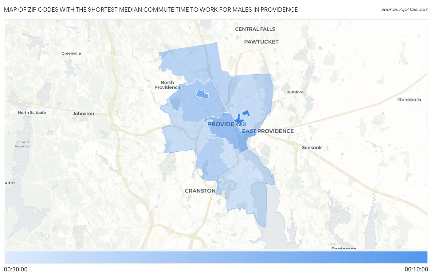 Zip Codes with the Shortest Median Commute Time to Work for Males in Providence Map