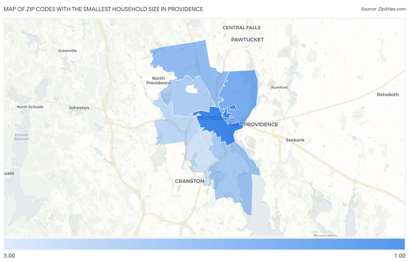 Zip Codes with the Smallest Household Size in Providence Map