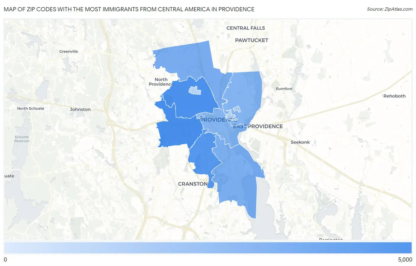 Zip Codes with the Most Immigrants from Central America in Providence Map