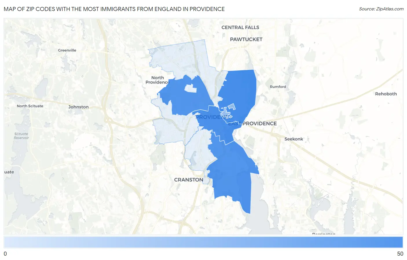 Zip Codes with the Most Immigrants from England in Providence Map