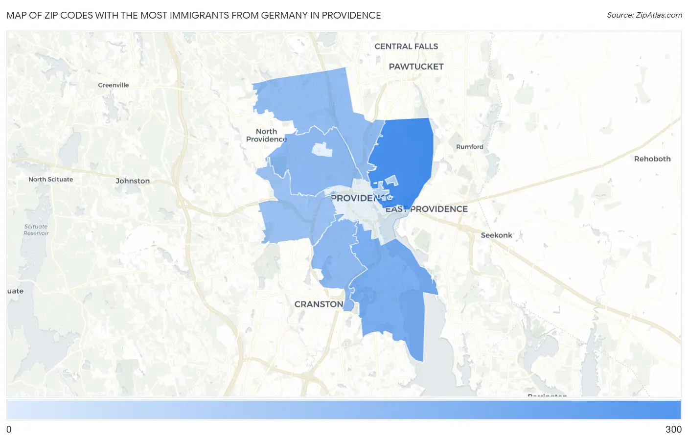 Zip Codes with the Most Immigrants from Germany in Providence Map