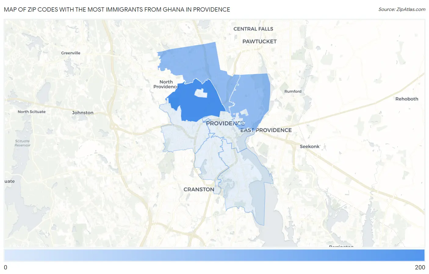 Zip Codes with the Most Immigrants from Ghana in Providence Map