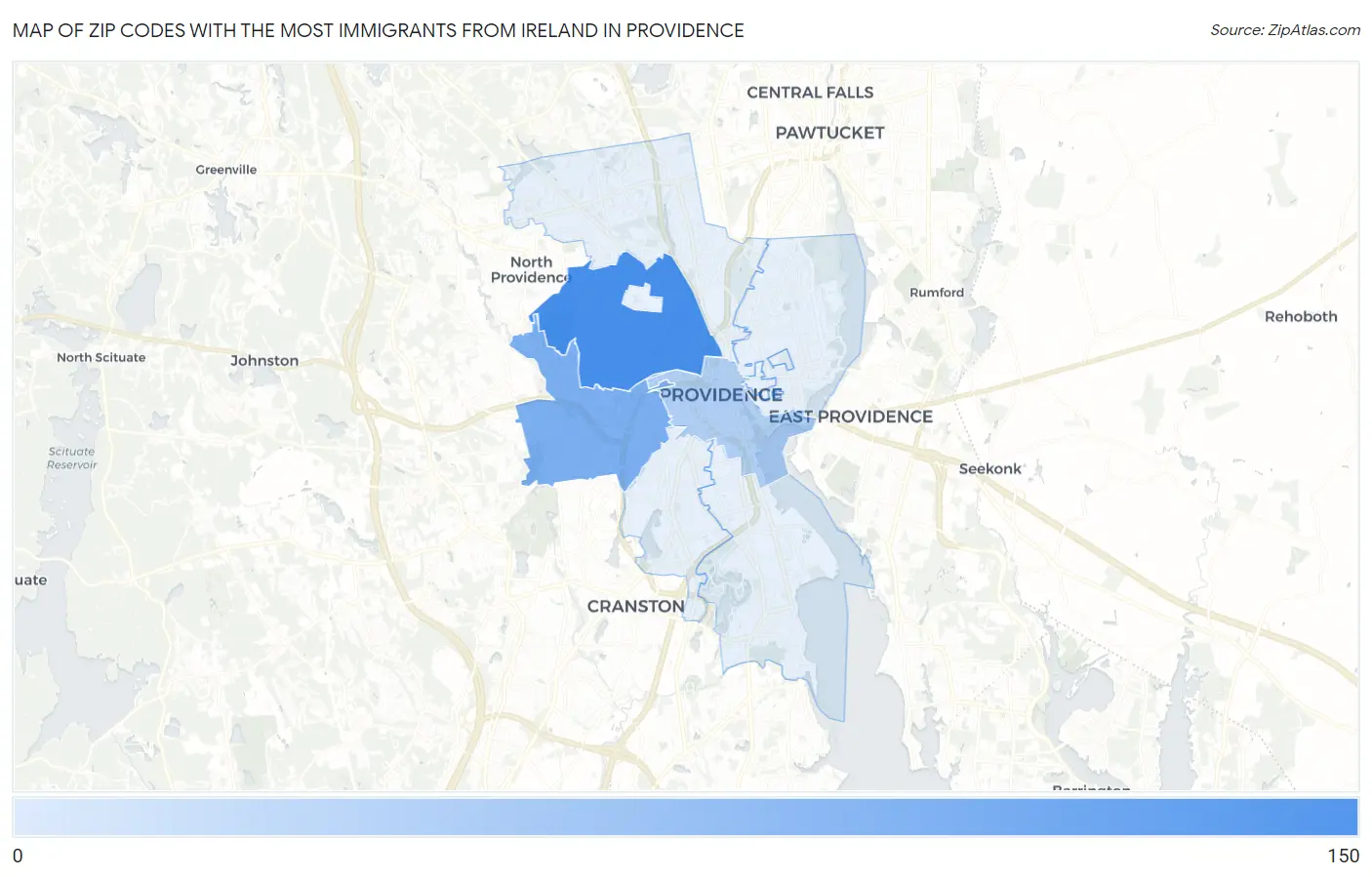 Zip Codes with the Most Immigrants from Ireland in Providence Map