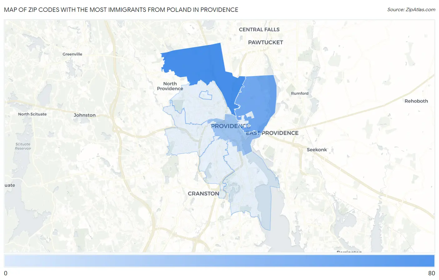 Zip Codes with the Most Immigrants from Poland in Providence Map