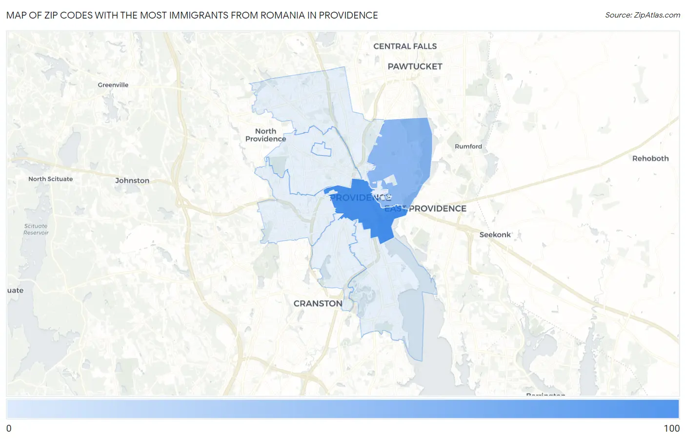Zip Codes with the Most Immigrants from Romania in Providence Map
