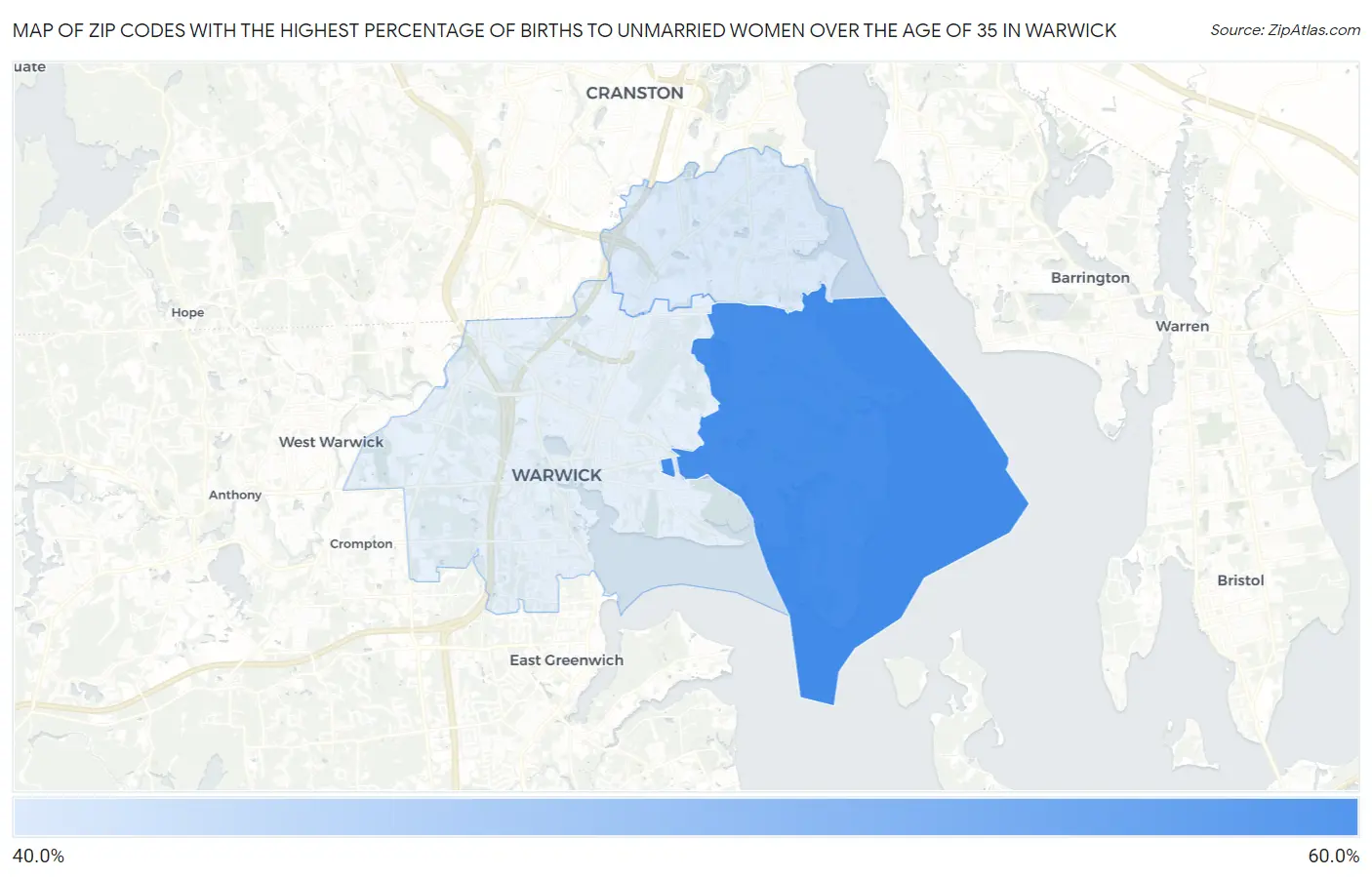Zip Codes with the Highest Percentage of Births to Unmarried Women over the Age of 35 in Warwick Map