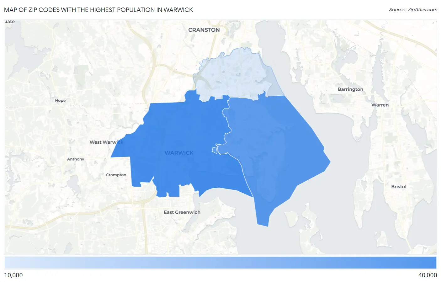 Zip Codes with the Highest Population in Warwick Map