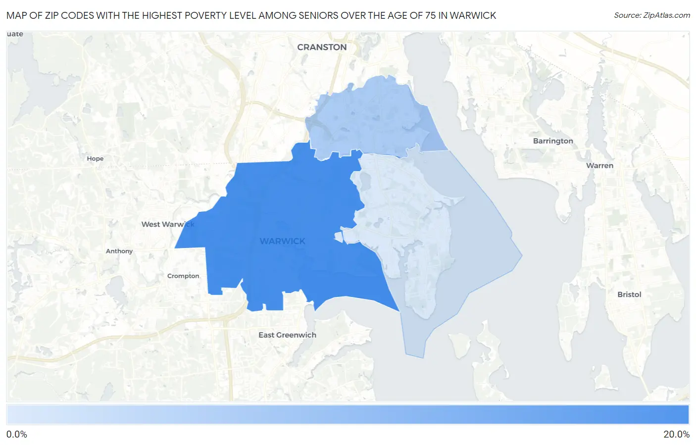 Zip Codes with the Highest Poverty Level Among Seniors Over the Age of 75 in Warwick Map