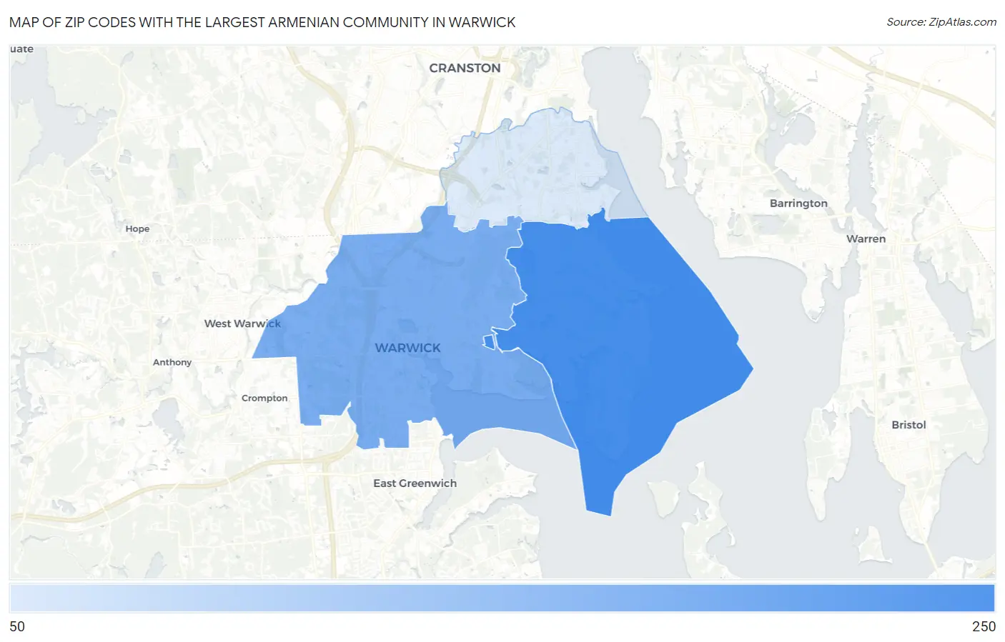 Zip Codes with the Largest Armenian Community in Warwick Map