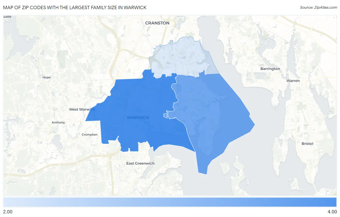 Zip Codes with the Largest Family Size in Warwick Map