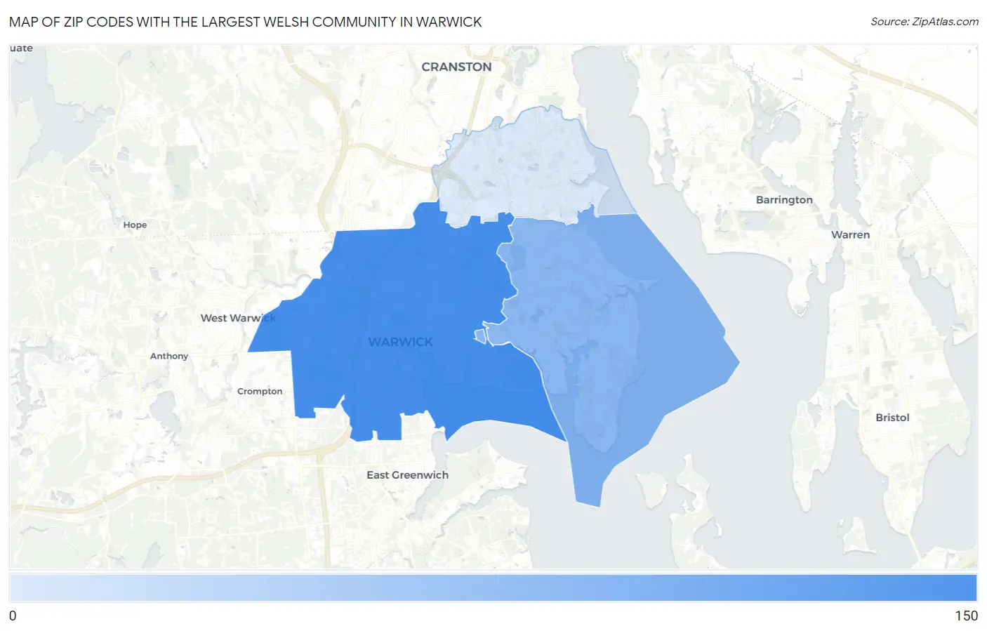 Zip Codes with the Largest Welsh Community in Warwick Map