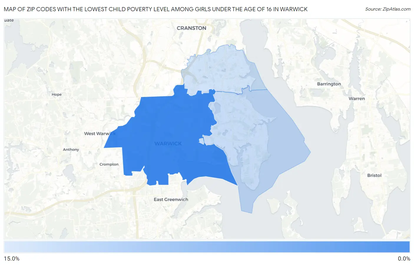 Zip Codes with the Lowest Child Poverty Level Among Girls Under the Age of 16 in Warwick Map