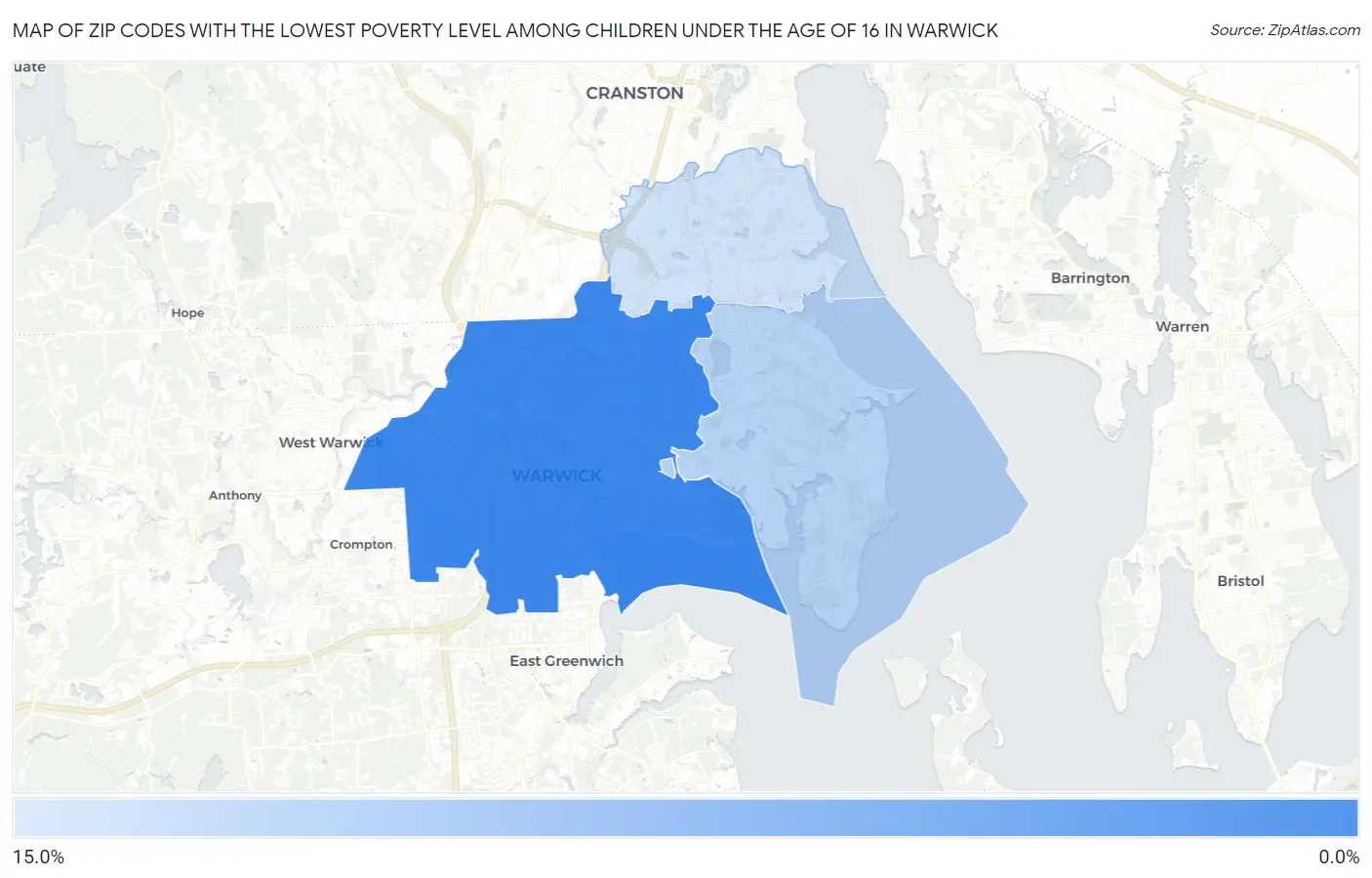 Zip Codes with the Lowest Poverty Level Among Children Under the Age of 16 in Warwick Map