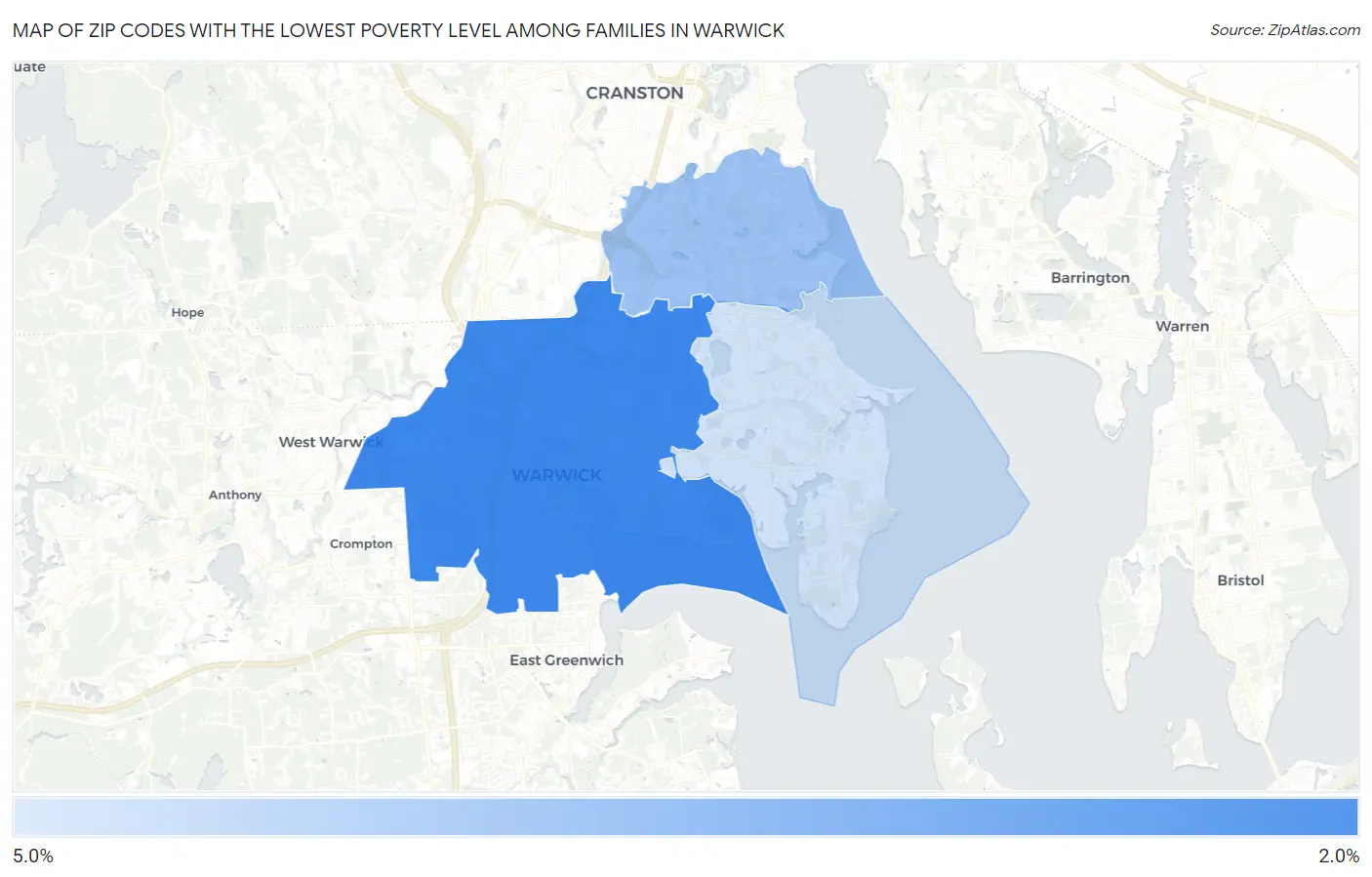 Zip Codes with the Lowest Poverty Level Among Families in Warwick Map