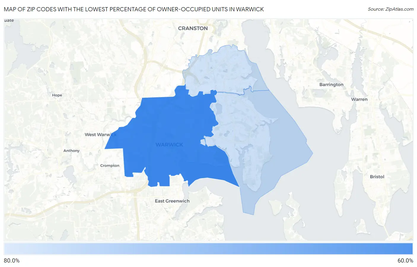 Zip Codes with the Lowest Percentage of Owner-Occupied Units in Warwick Map