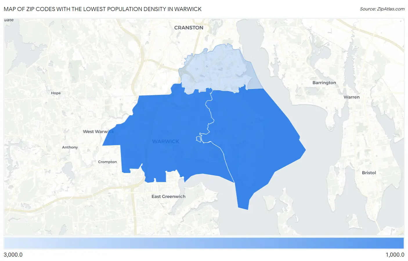 Zip Codes with the Lowest Population Density in Warwick Map