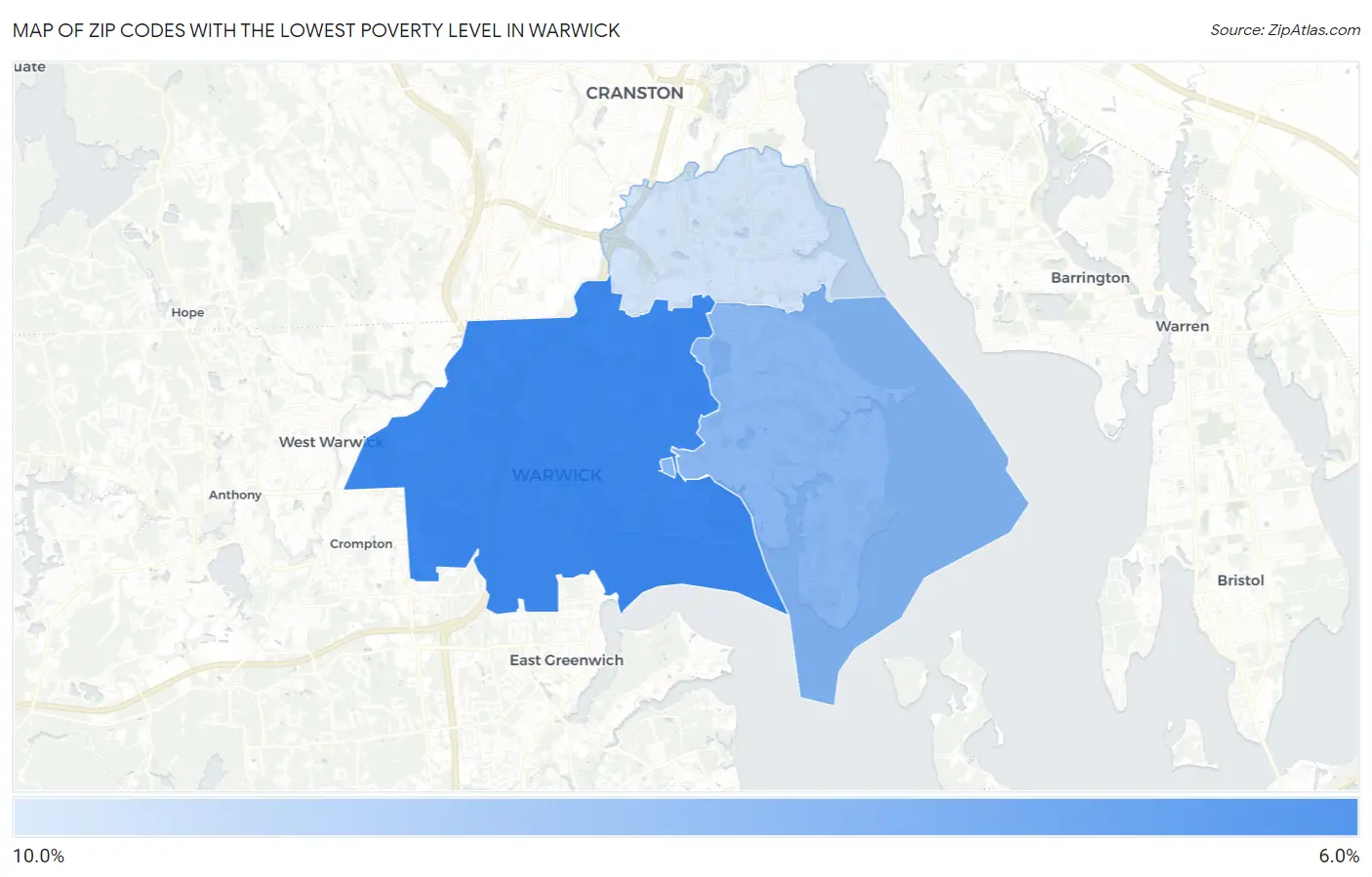 Zip Codes with the Lowest Poverty Level in Warwick Map