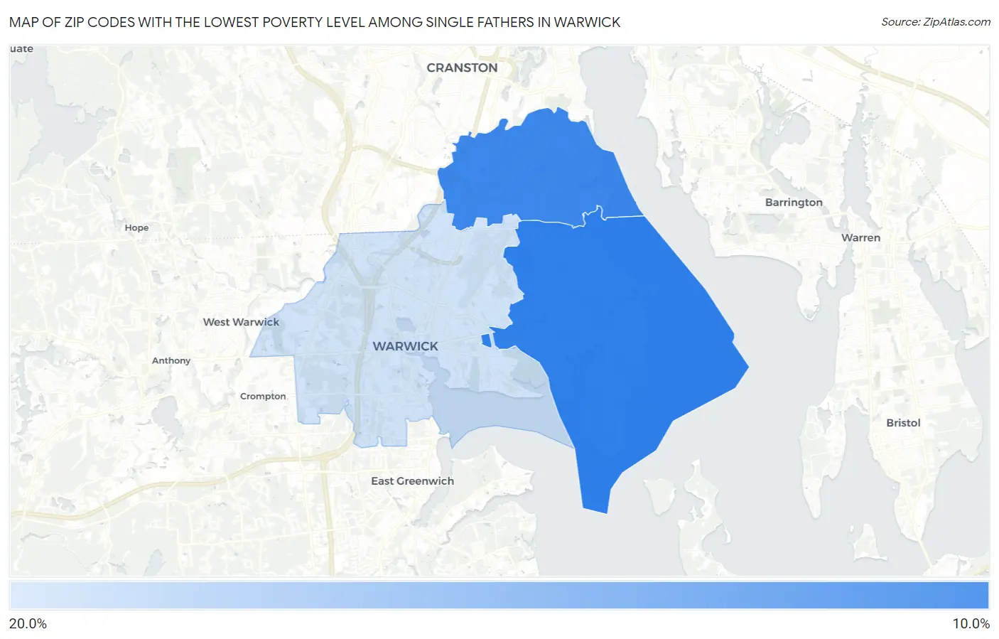 Zip Codes with the Lowest Poverty Level Among Single Fathers in Warwick Map