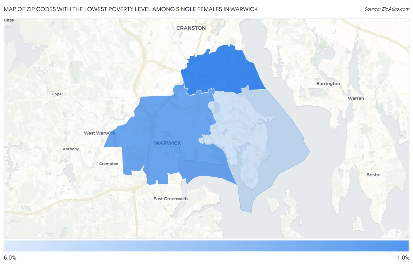 Zip Codes with the Lowest Poverty Level Among Single Females in Warwick Map