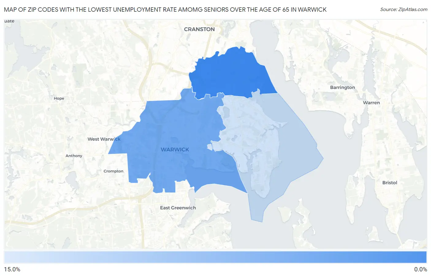 Zip Codes with the Lowest Unemployment Rate Amomg Seniors Over the Age of 65 in Warwick Map