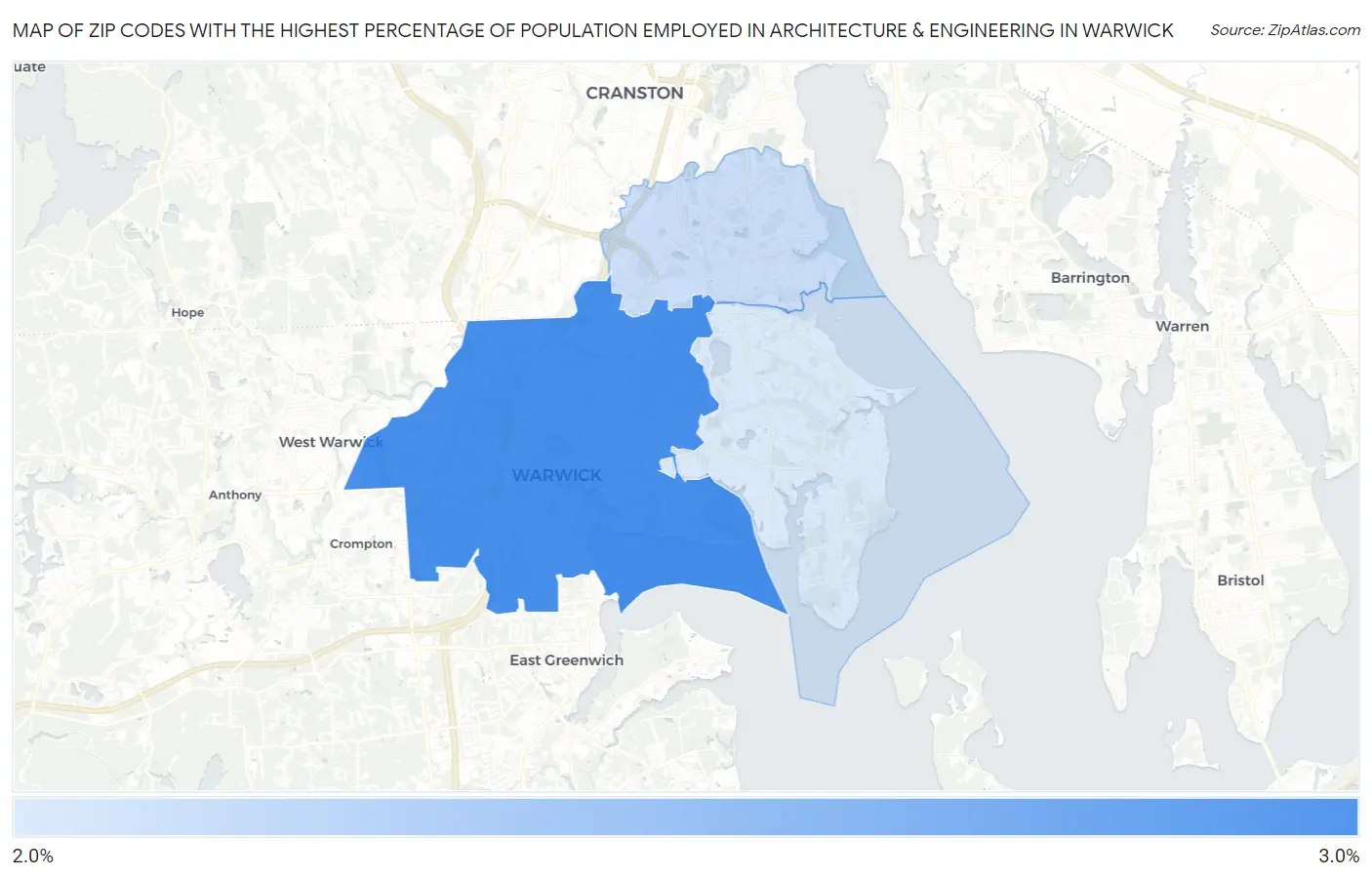 Zip Codes with the Highest Percentage of Population Employed in Architecture & Engineering in Warwick Map