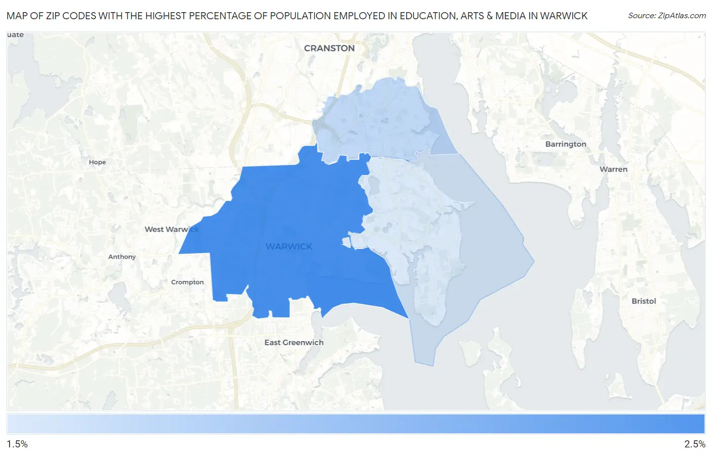 Zip Codes with the Highest Percentage of Population Employed in Education, Arts & Media in Warwick Map